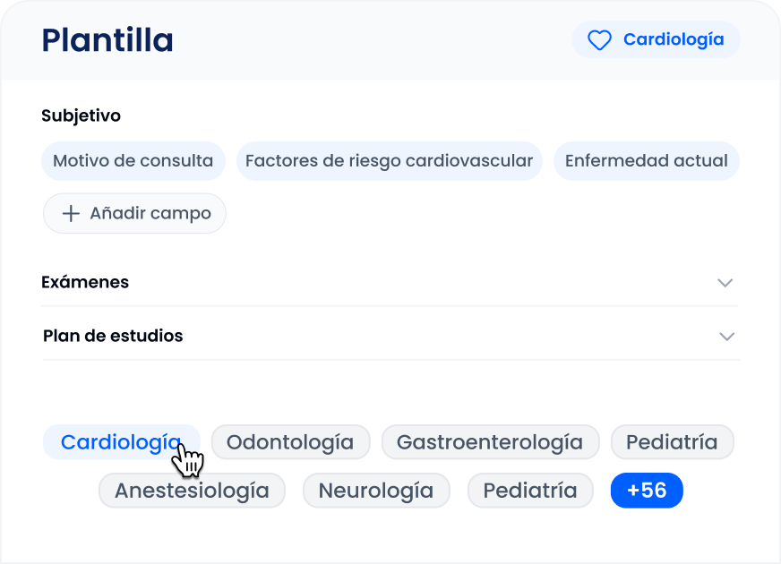 Clinova Notes rellenando una plantilla de historia clínica por especialidad