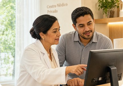 Profesional de la salud y paciente revisando juntos la información en pantalla