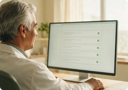 Médico revisando en pantalla una lista de requisitos ya verificados